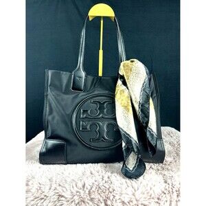 Tory Burch Black Tote with Gold and Cream Scarf